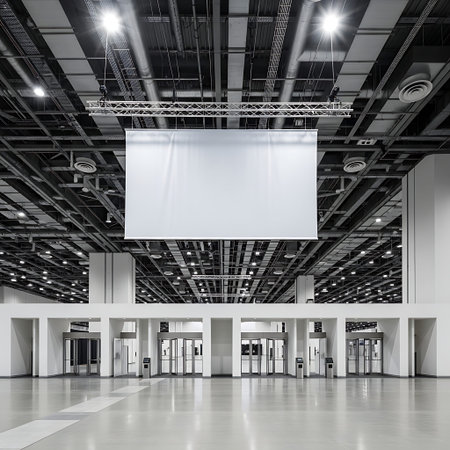 Indoor convention hall entrance with blank banner, industrial ceiling, wide perspective.の写真素材