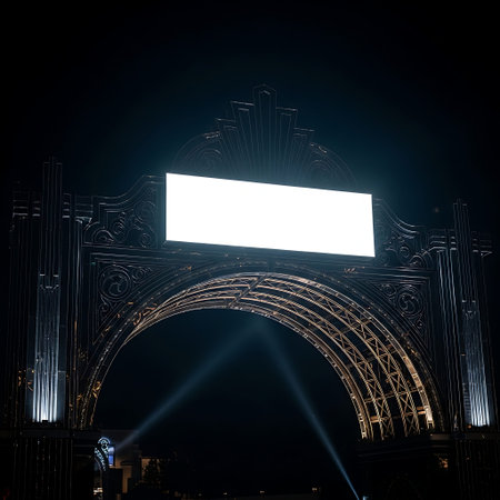 Illuminated event entrance arch at night with dramatic lighting and blank banner.