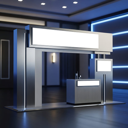 Startup launch event entrance stand with empty horizontal signage mockup.