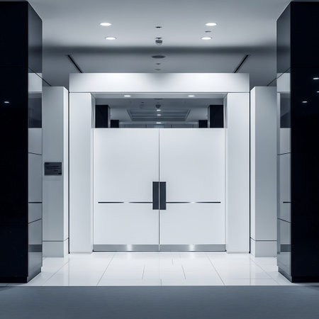 Modern corporate seminar entrance with a clean white panel backdrop, symmetrical framing.