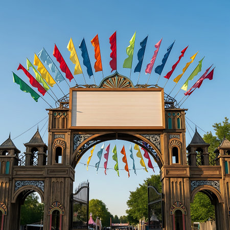 Vibrant festival entry gate with blank header and colorful flags, sunny.の写真素材
