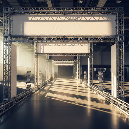 Symmetrical trade show entrance with blank banner, spacious walkway, soft morning light.