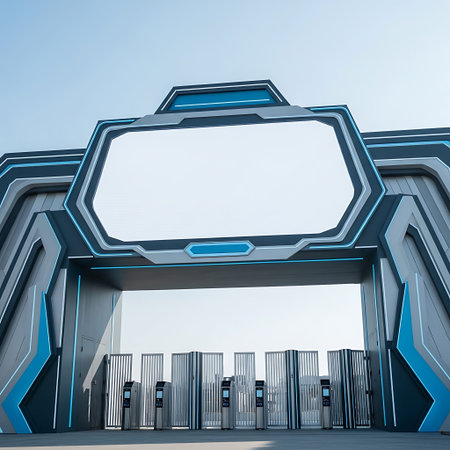 Futuristic outdoor tech event gate, large empty LED screen, cool blue tones.