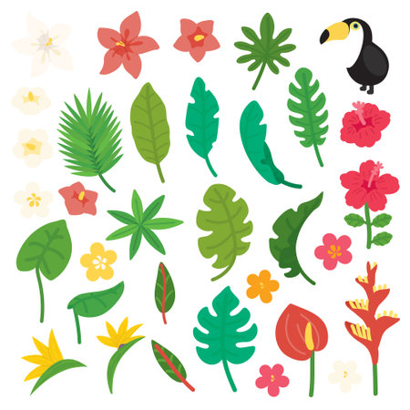 TROPICAL LEAVES AND FLOWERSのイラスト素材