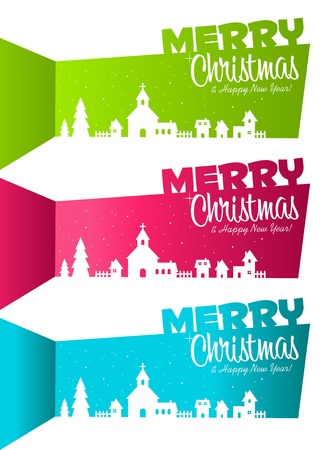  set of colorful banners with Christmas silhouette village のイラスト素材