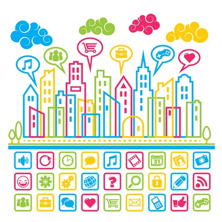 Colorful city illustration with social media icons.のイラスト素材