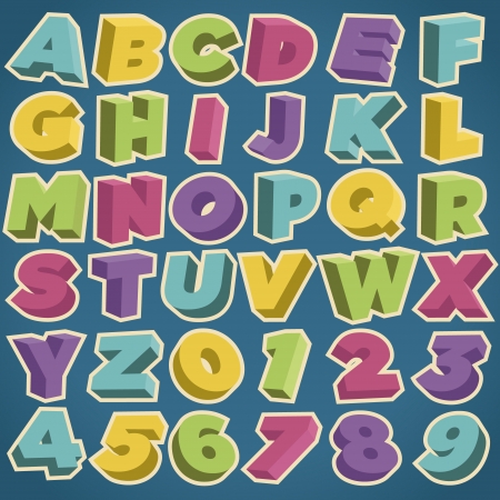 Set of retro 3D alphabet and numbersのイラスト素材