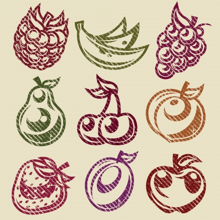 Grunge set of fruits and berry stamps iconsのイラスト素材