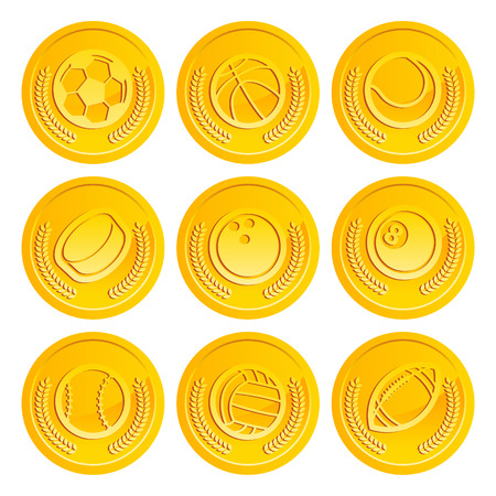 Set of shiny gold coins with sport balls iconsのイラスト素材