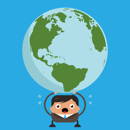 Illustration of stressed business man cartoon holding the planet earthのイラスト素材