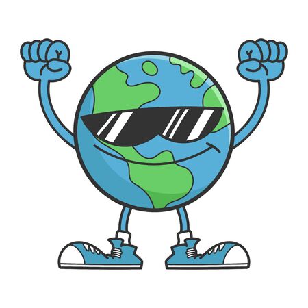 Planet earth cartoon character with sunglasses isolated on white backgroundのイラスト素材
