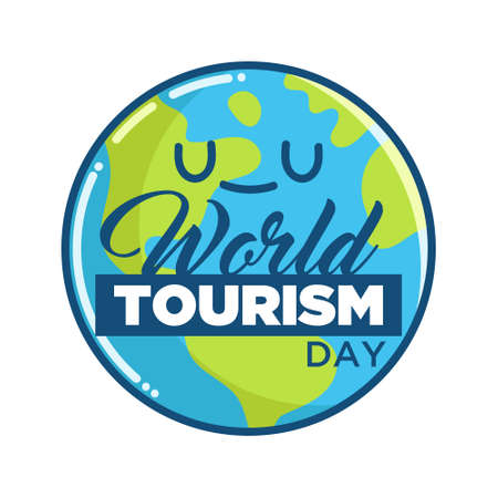 Cute happy globe planet earth cartoon icon poster for world tourism day holiday isolated on white backgroundのイラスト素材