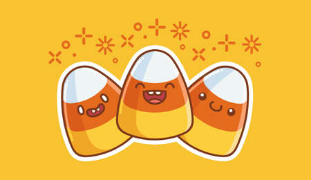 cute smiling halloween candy corn cartoons isolated on yellow background