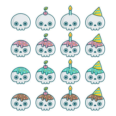 Set of birthday Halloween party skull element designs isolated on white backgroundのイラスト素材