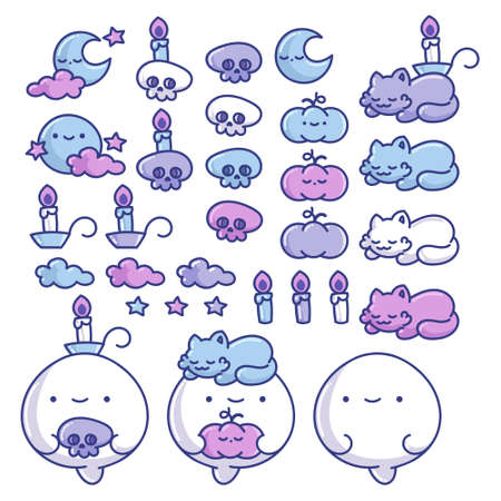 Set of birthday Halloween ghost and cat element designs isolated on white backgroundのイラスト素材