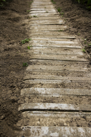 Garden way with soil and tilesの写真素材