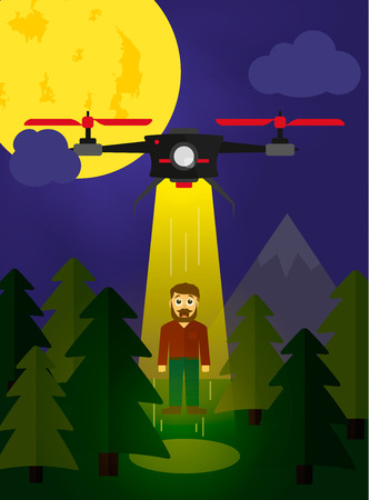 Flying drone kidnapping a human being in the forrest flat styleのイラスト素材