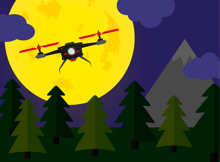 Flying drone night forest scene with fullmoon  flat illustrationのイラスト素材