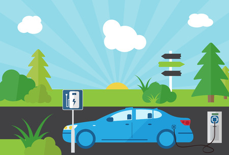 Charging an electric car at the power station side view, flat illustrationのイラスト素材