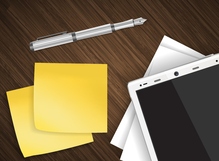 Tablet on wooden table with yellow stick notes illustrationのイラスト素材
