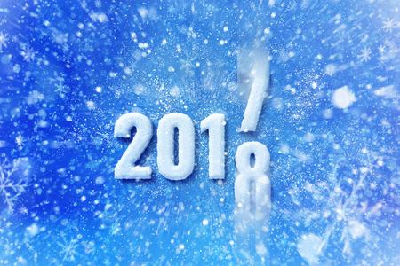 new year 2018 text with snow effect, happy new year lettering graphic with snowing and snowflakes