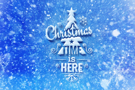 Christmas time is here lettering with snow effect, Christmas wish card with typography composition, Christmas card with snow effect and decorationの写真素材
