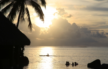 Group of people relaxing in tropical swimming pool at sunsetの写真素材