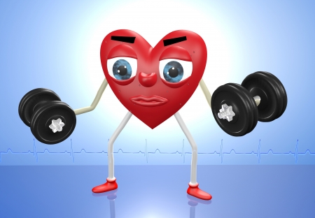 Heart character exercising with weights in both handsの写真素材