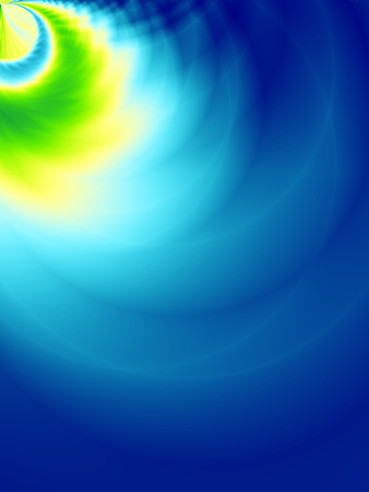Blue abstract background with blazing yellow and green shape in one cornerの写真素材