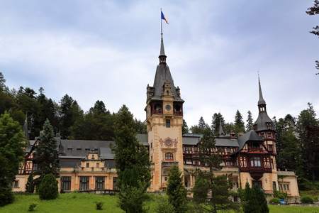 View of Peles Castle, at Sinaia, Romania, former royal residence in the late 1800's and first half of 1900's.のeditorial素材