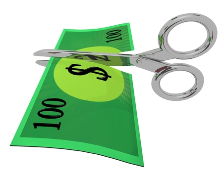 Scissors cutting through a generic 100 dollar note, conceptual for cost cutting, budgeting, or money losing valueの写真素材