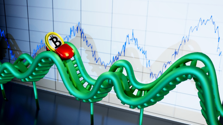 Bitcoin token on rollercoaster ride, with similar graph in the background, illustrating fluctuations in its valueの写真素材