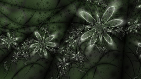 Glowing flower garlands on green background with dark dots and curvy linesの写真素材