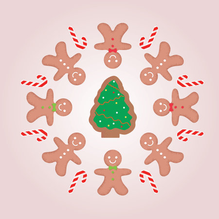 Gingerbread man with candy canes around christmas tree