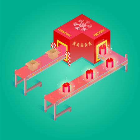 Christmas Gift Factory Conveyor of Present Boxesのイラスト素材