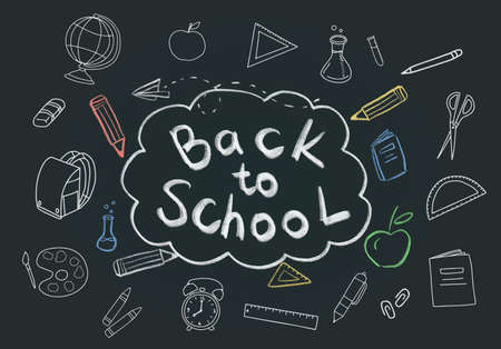 Back to school lettering with hand drawn school elements doodle on blackboard concept