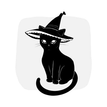 Illustration of isolated cute black magical cat wearing witch hatのイラスト素材