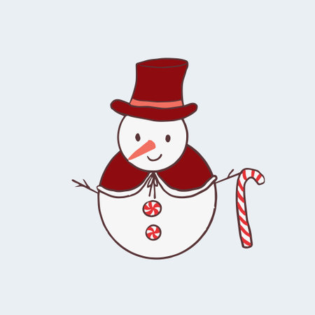 Cute snowman wearing dark red clothes and holding a candy caneのイラスト素材
