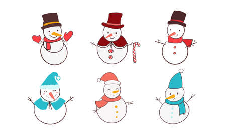 Set of isolated hand drawn cute smiling snowmen.のイラスト素材