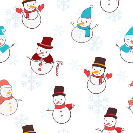 Seamless pattern with hand drawn different snowmen and snowflakesのイラスト素材