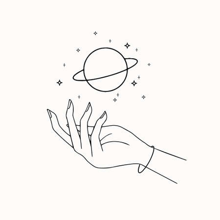 Line art of mystical esoteric woman hand with Saturn planet and stars. Cosmos on the hand. Hand drawn celestial mystic boho style astrology element, witchcraft outline symbol.のイラスト素材