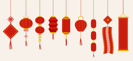 Set of isolated red Chinese New Year hanging decorations, lanterns, firecrackers, couplets. Spring festival lamps, design template. Vector illustrationのイラスト素材