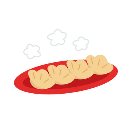 Isolated red plate with Asian dumplings. Chinese, Japanese cuisine, gyoza with hand drawn steam. Cute food doodle icon. Vector illustration EPSのイラスト素材