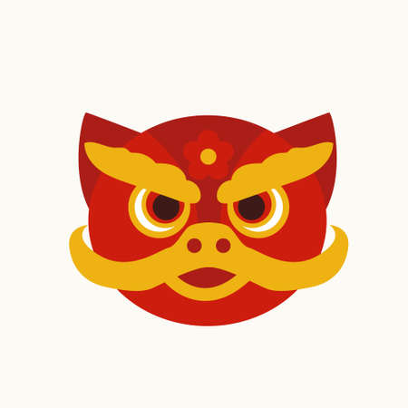 Isolated cartoon flat red and yellow Chinese Lion Dance head drawing. Asian festive decoration. Vector illustration EPSのイラスト素材