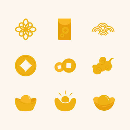 Collection of flat gold Chinese wealth icons. Traditional coins, ingots, red envelope, decoration. Asian fortune icon set, vector illustration.のイラスト素材