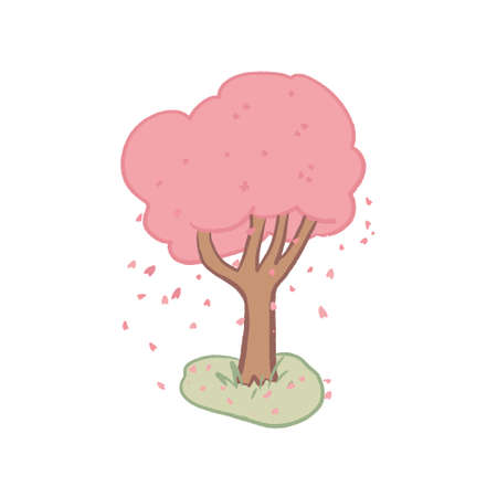 Illustration of hand drawn isolated pink sakura tree with falling petals and grass. Cute children drawing, Japanese hanami spring cherry blossom tree. vector illustration.のイラスト素材
