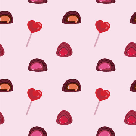 Hand drawn romantic confectionery seamless pattern with chocolate candies and heart lollipop. Sweet shop repeat texture on pink background. vector illustration EPSのイラスト素材
