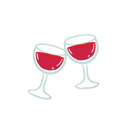 Illustration of hand drawn isolated clinking wineglasses. Cute drawing of couple of glasses with red beverage. vector illustration.のイラスト素材