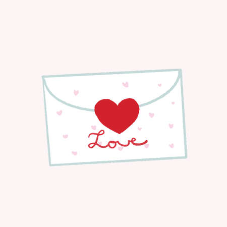 Illustration of hand drawn isolated Valentine envelope with red heart and love text. Cute drawing of flat Valentines day letter. vector illustration.のイラスト素材