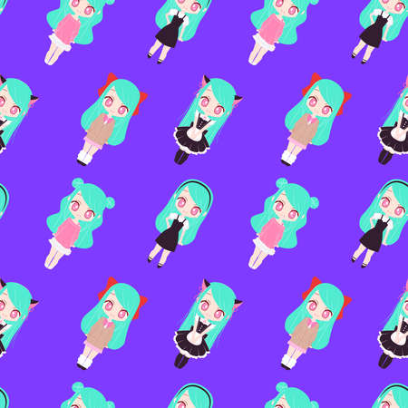 Seamless pattern with cute anime fashion girls on violet background. Japanese style kawaii chibi characters with different clothes, maid, school uniform, dress. vector illustration.のイラスト素材